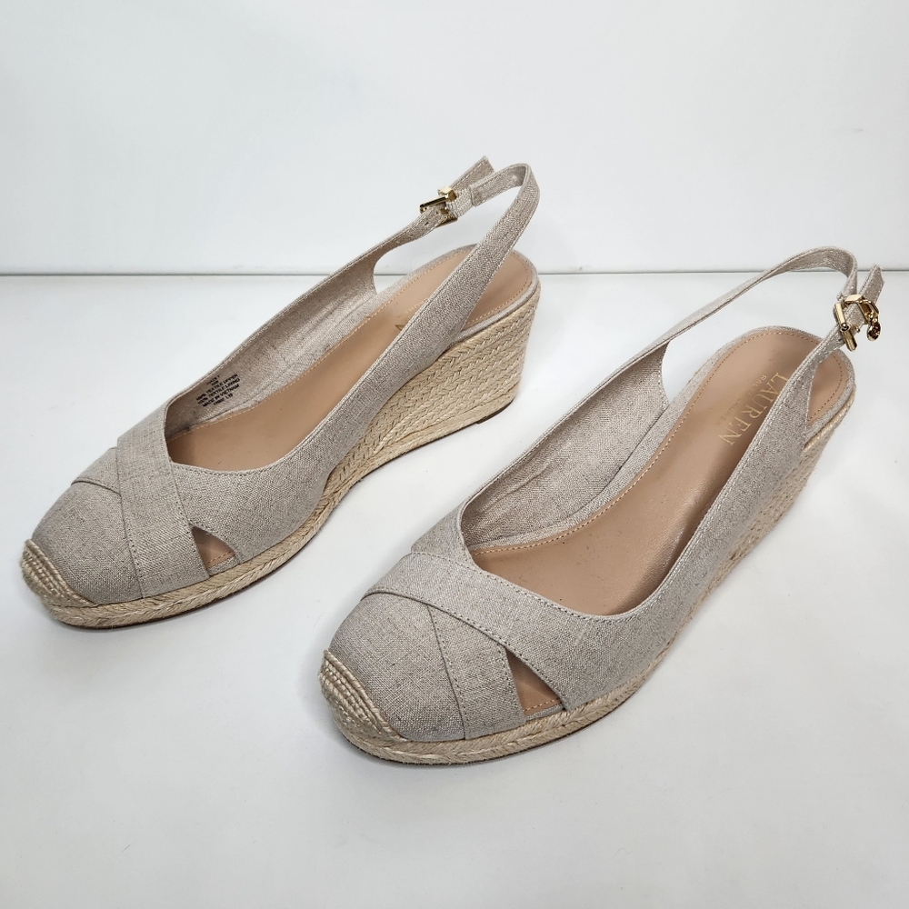 Lauren Ralph Lauren Hadly Women Size 10 Beige Wedge Espadrille Sandals Slingback